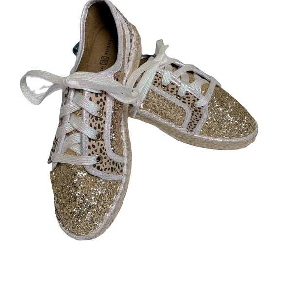 NewMichelle McDowell Kylie Gold Glitter Leopard Print Lace Up Shoes Size 7 - Picture 2 of 10